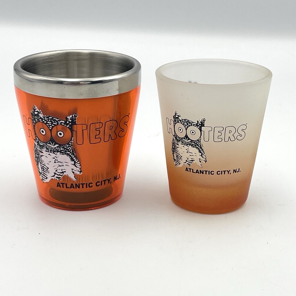 Vintage‎ Hooters Atlantic City NJ Shot Glasses Lot of 2 Orange Frosted Stainless
